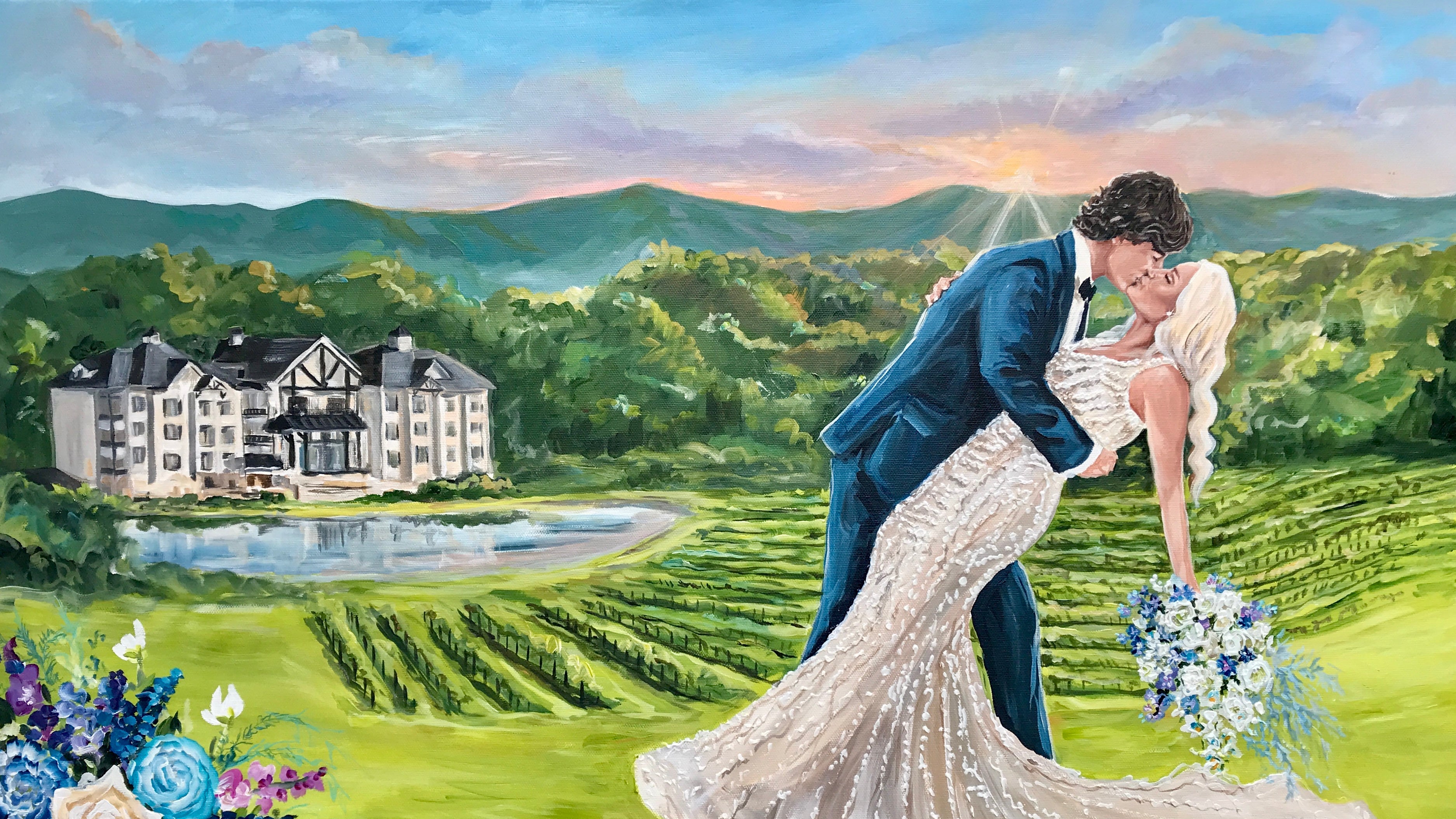 painting of a wedding in a vineyard retreat with pond