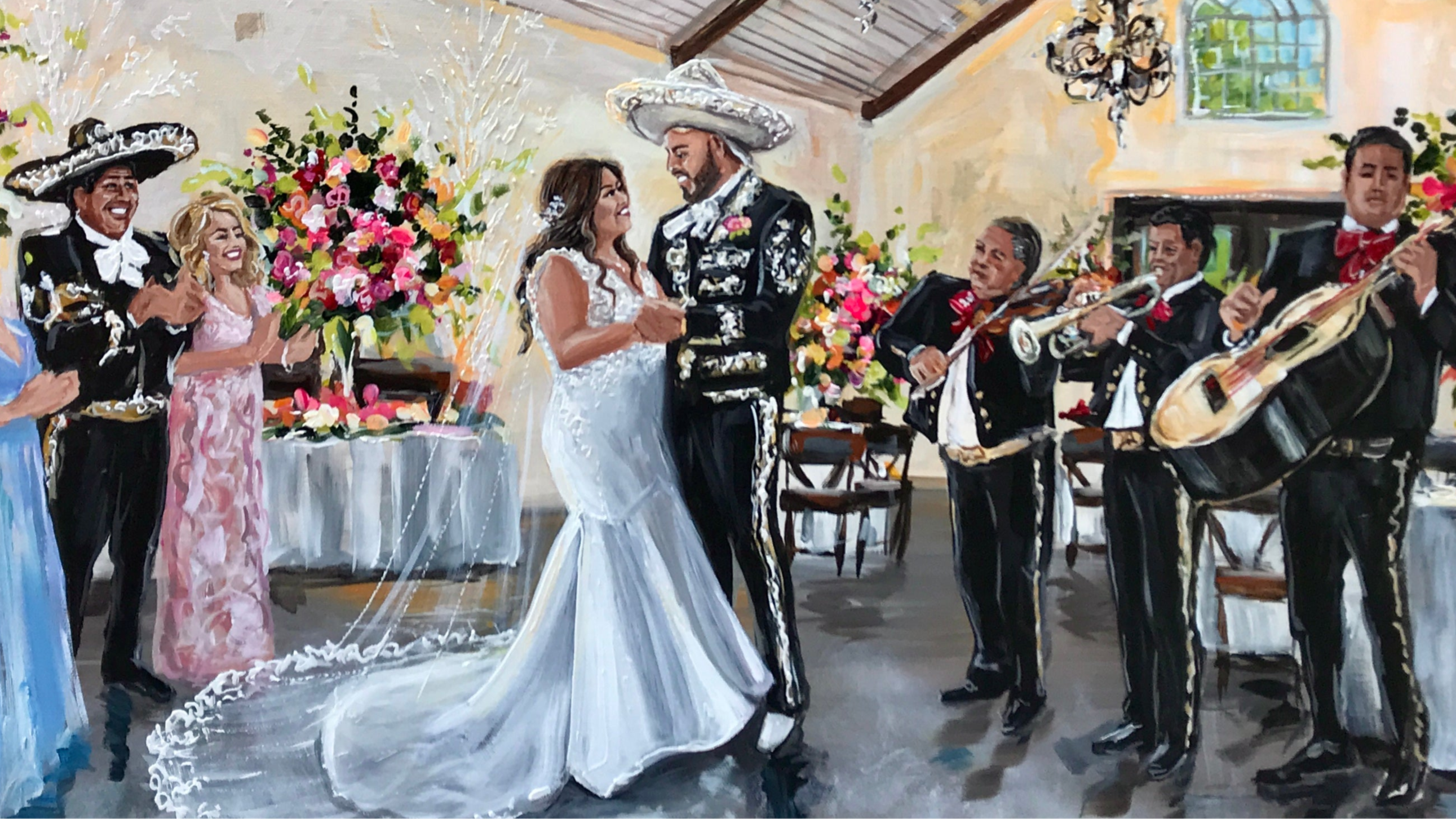 Painting of Matadorian Mexican wedding with mariachi band, sombreros, and vibrant color.