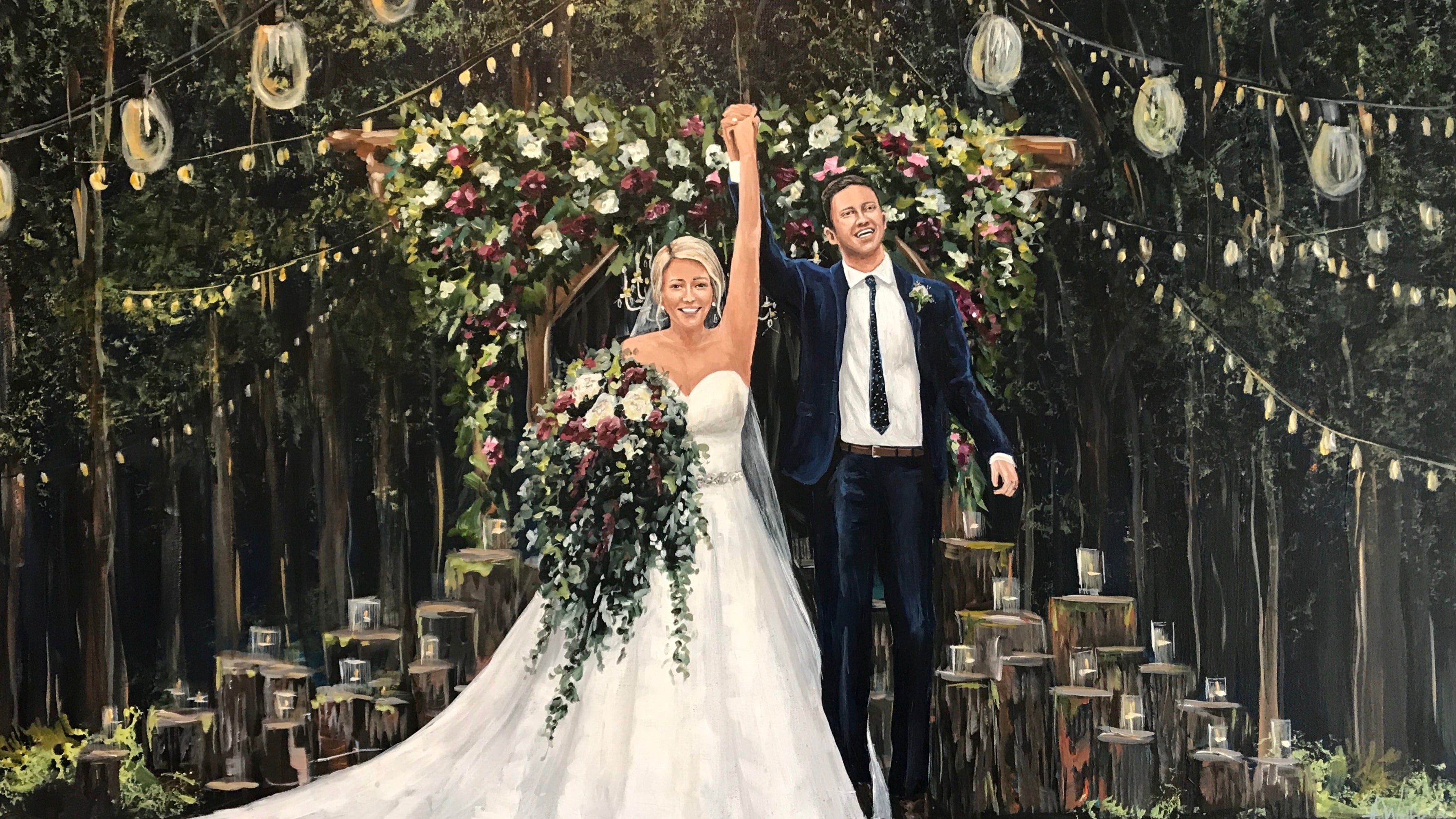 Candlelight twilight woodland / enchanted forest with bistro lights wedding painting